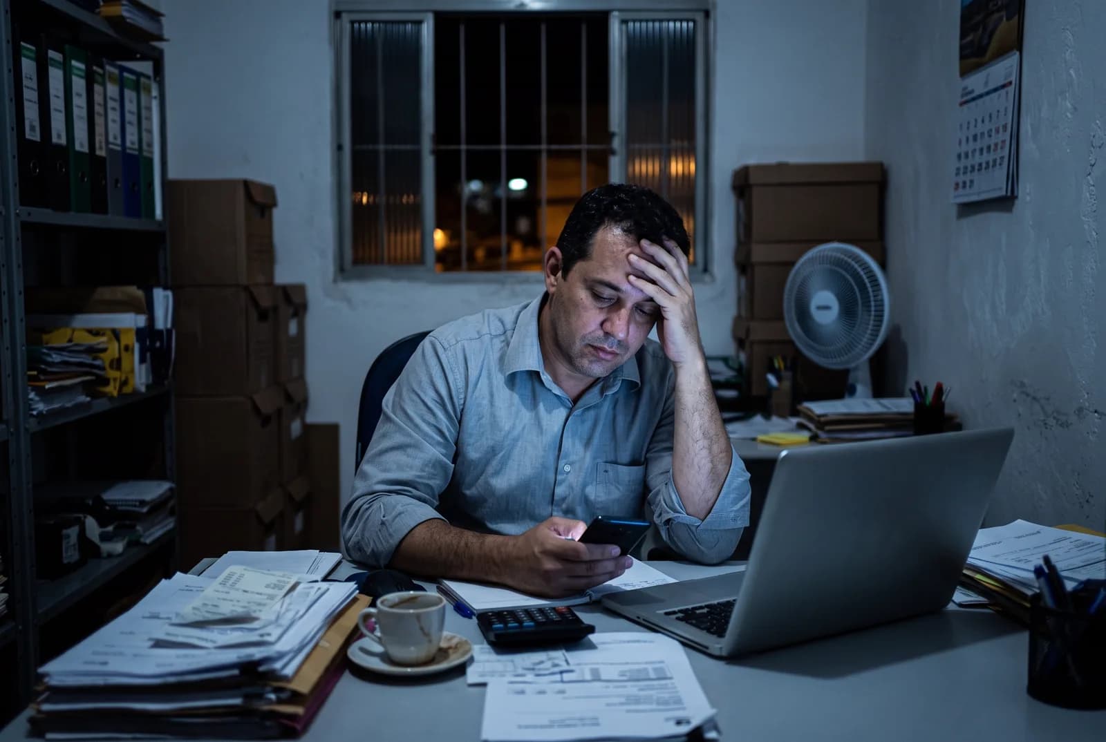Dono de pequena empresa sozinho no escritório à noite, cansado, olhando o celular ao lado do notebook e de pilhas de papel.